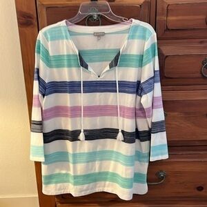 Talbots Blue White And Purple Striped Top With Three-Quarter Sleeves NWOT